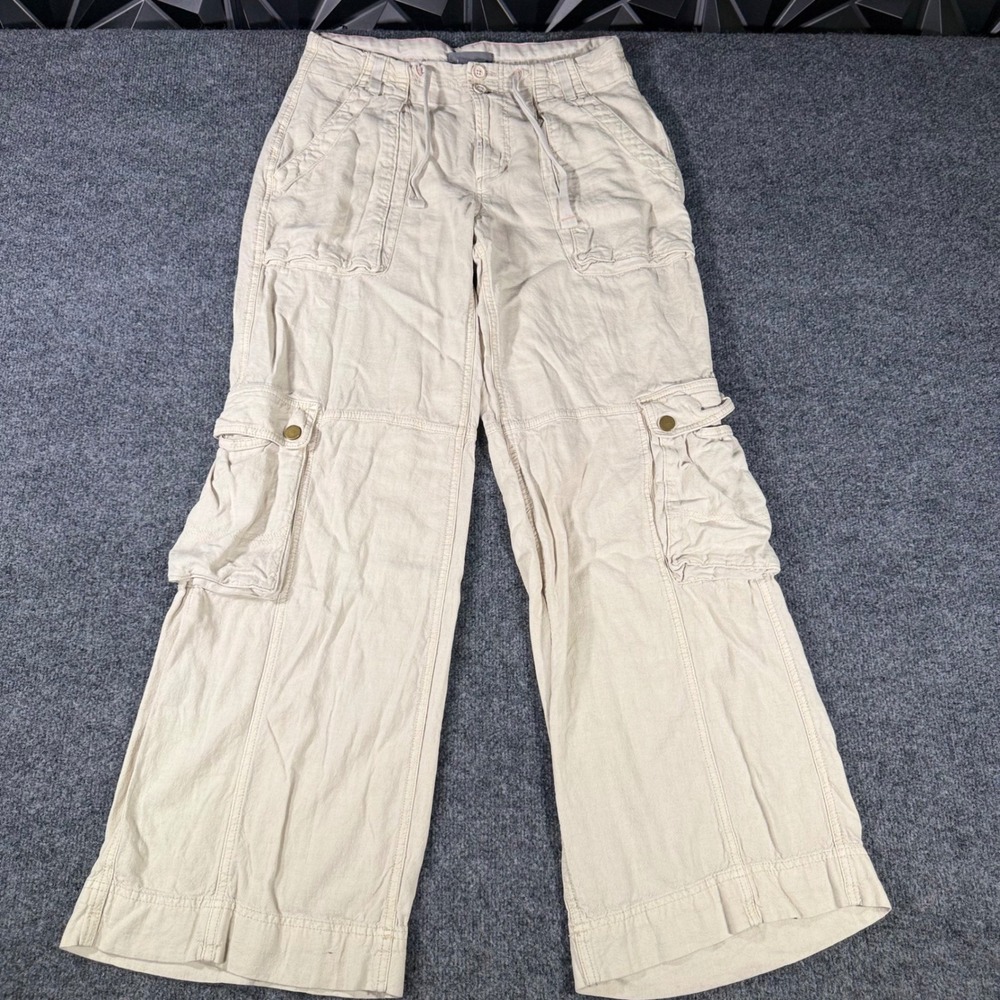 Anthropologie Cargo Pants Wide Leg Linen Blend Utility Khaki Beige Size 4 Womens